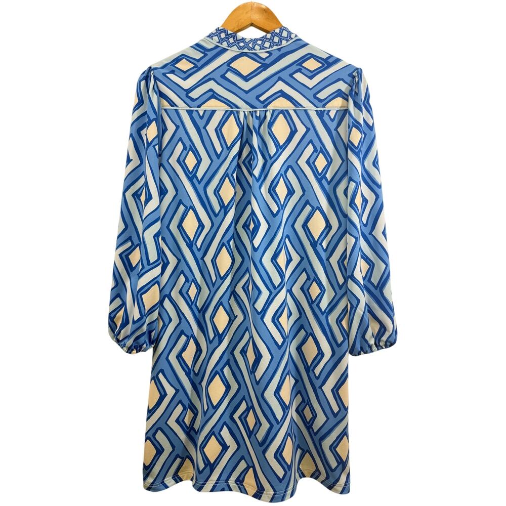 J McLaughlin Emer Dress M Blue Geo Print V-Neck 3/4 Sleeve Midi Casual Resort - Picture 3 of 9